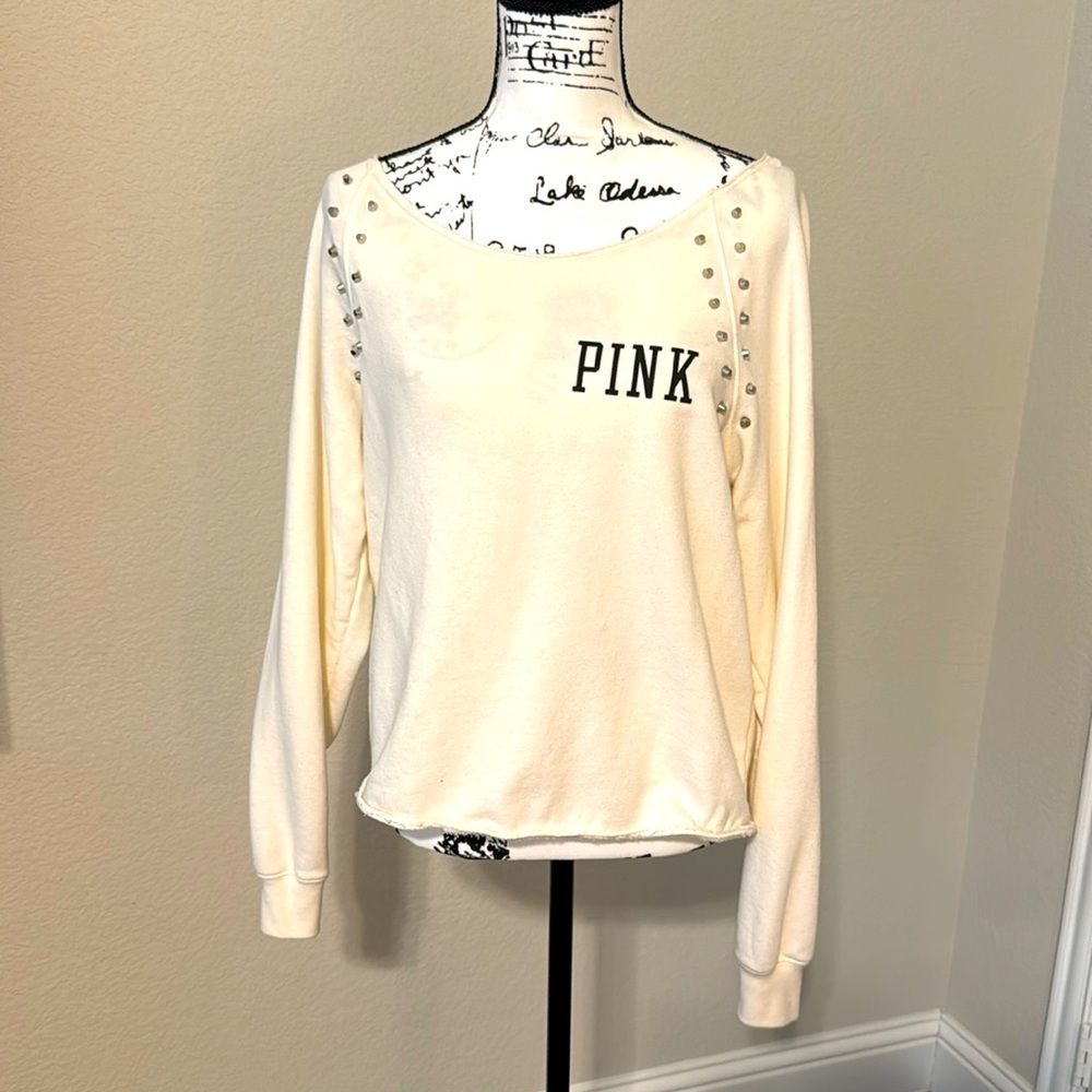 Victoria’s Secret PINK crème color, studded, off-shoulder sweatshirt